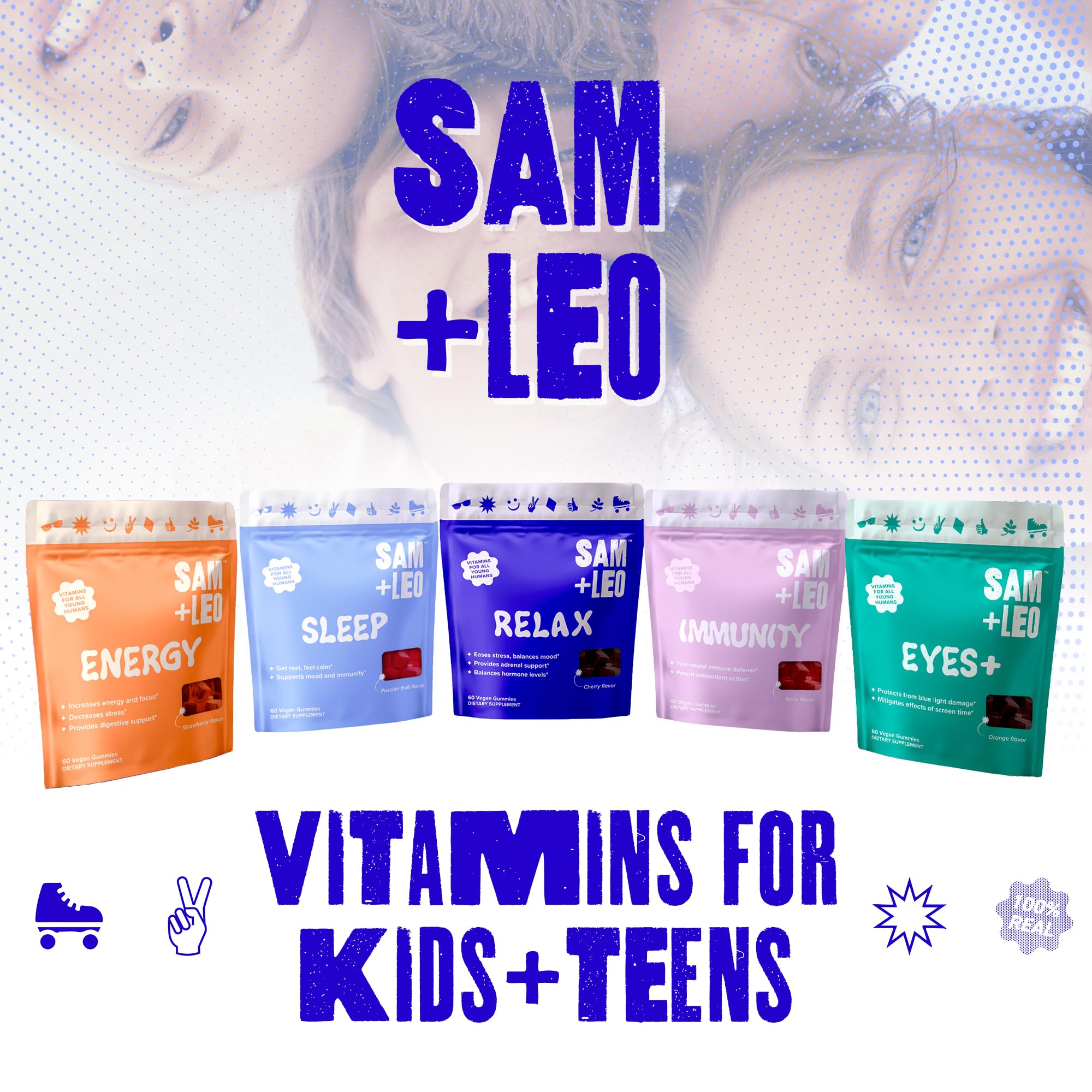 Teen and kid use scene for bedtime wind-down with SAM+LEO Relax gummies.