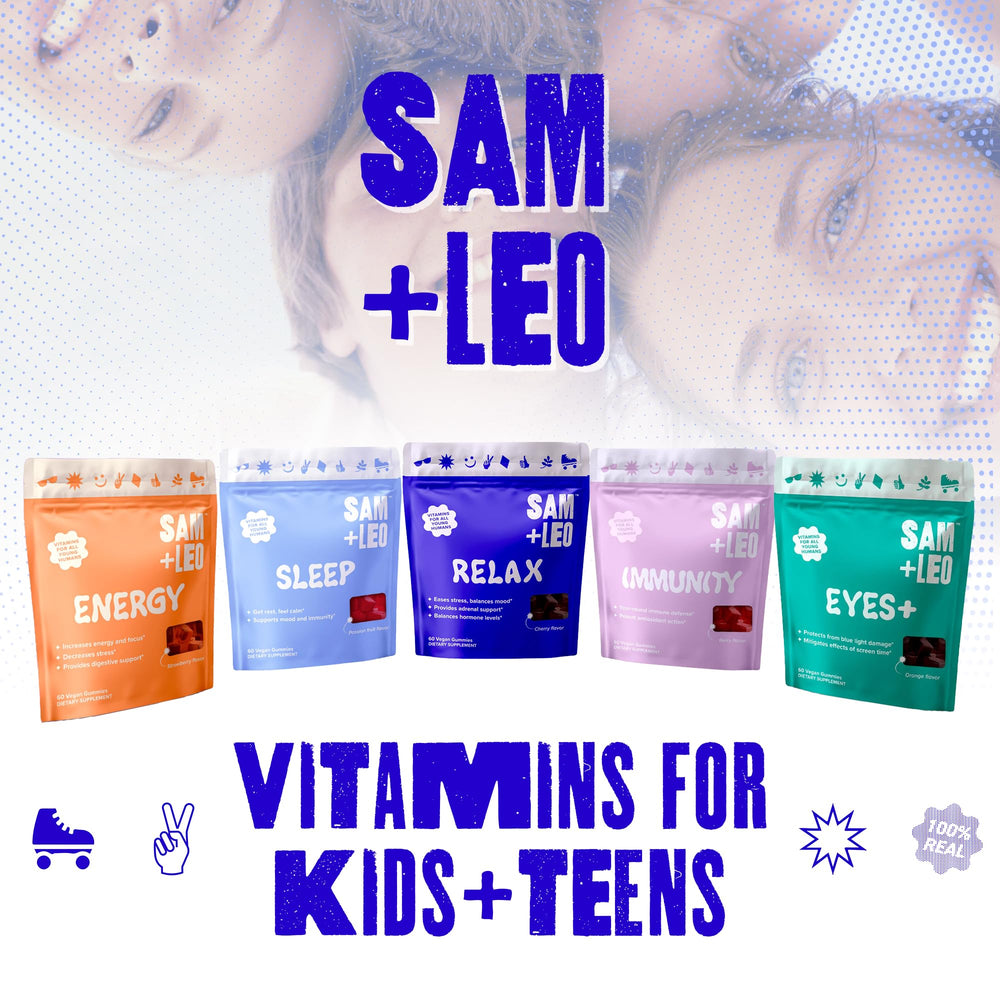 Teen and kid use scene for bedtime wind-down with SAM+LEO Relax gummies.