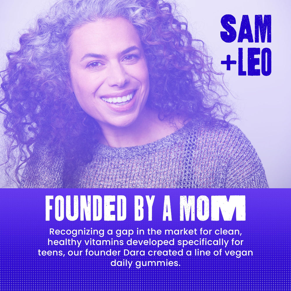 Vegan ingredients label on SAM+LEO Relax packaging highlights plant-based wellness.