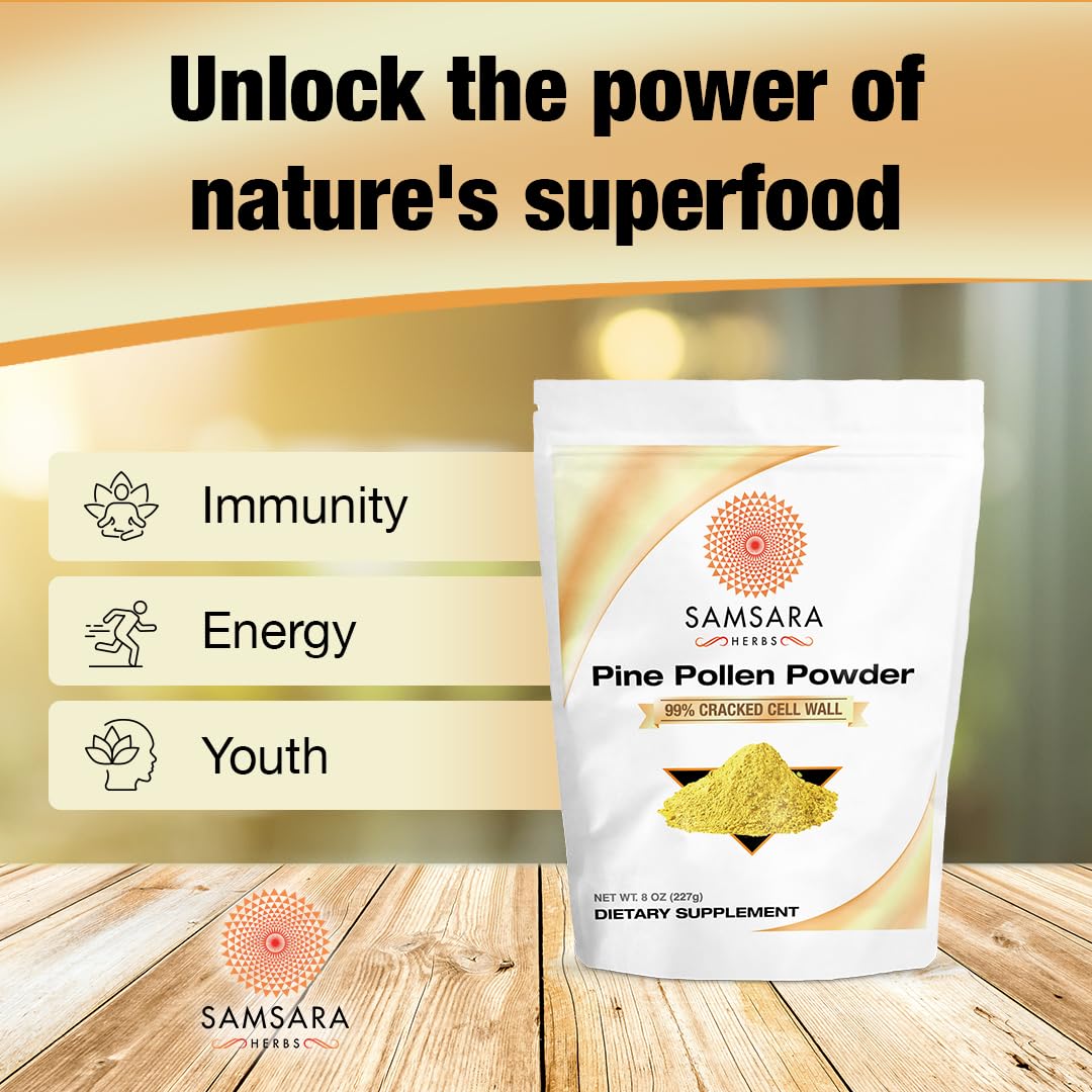 Samsara Herbs pine pollen powder cracked cell wall for enhanced nutrient access and daily vitality