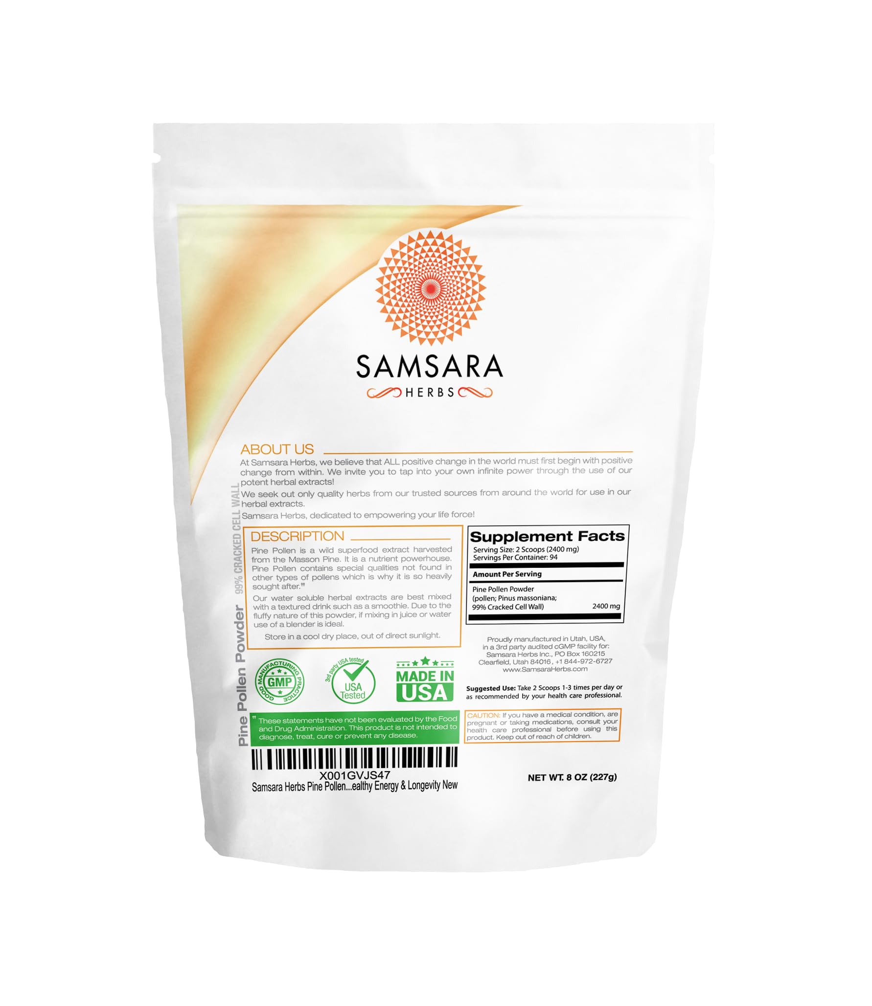 Samsara Herbs pine pollen powder eco-friendly packaging ready for shelving