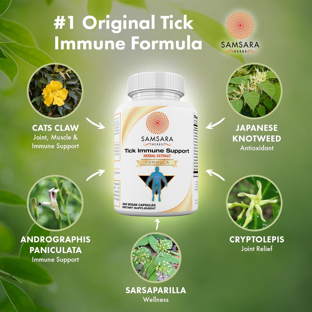 Samsara Herbs Tick Immune Support capsules close-up shows 4-capsule serving.