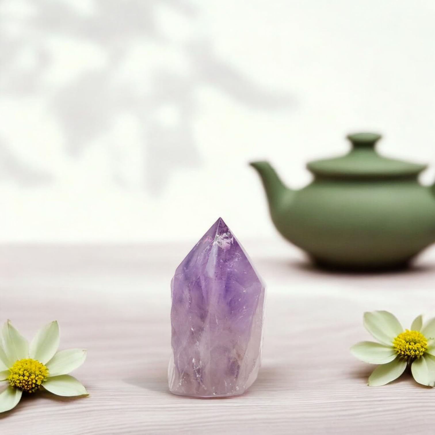 Samsari amethyst point on an altar adding tranquil ambiance.