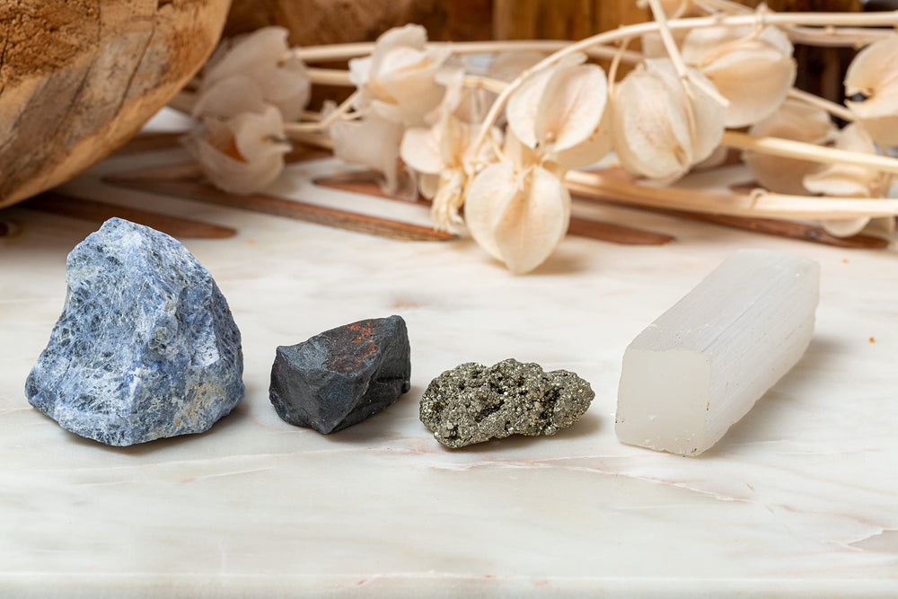 SAMSARI crystal healing visualization with hematite stones.