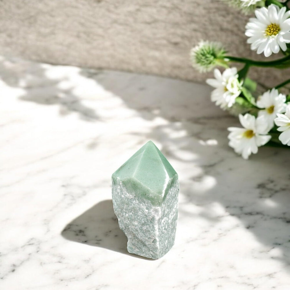 SAMSARI green quartz points elevate energy and decor in living spaces