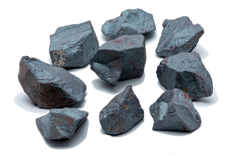 SAMSARI hematite raw stones close-up with metallic luster for grounding energy.