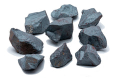 SAMSARI hematite raw stones close-up with metallic luster for grounding energy.