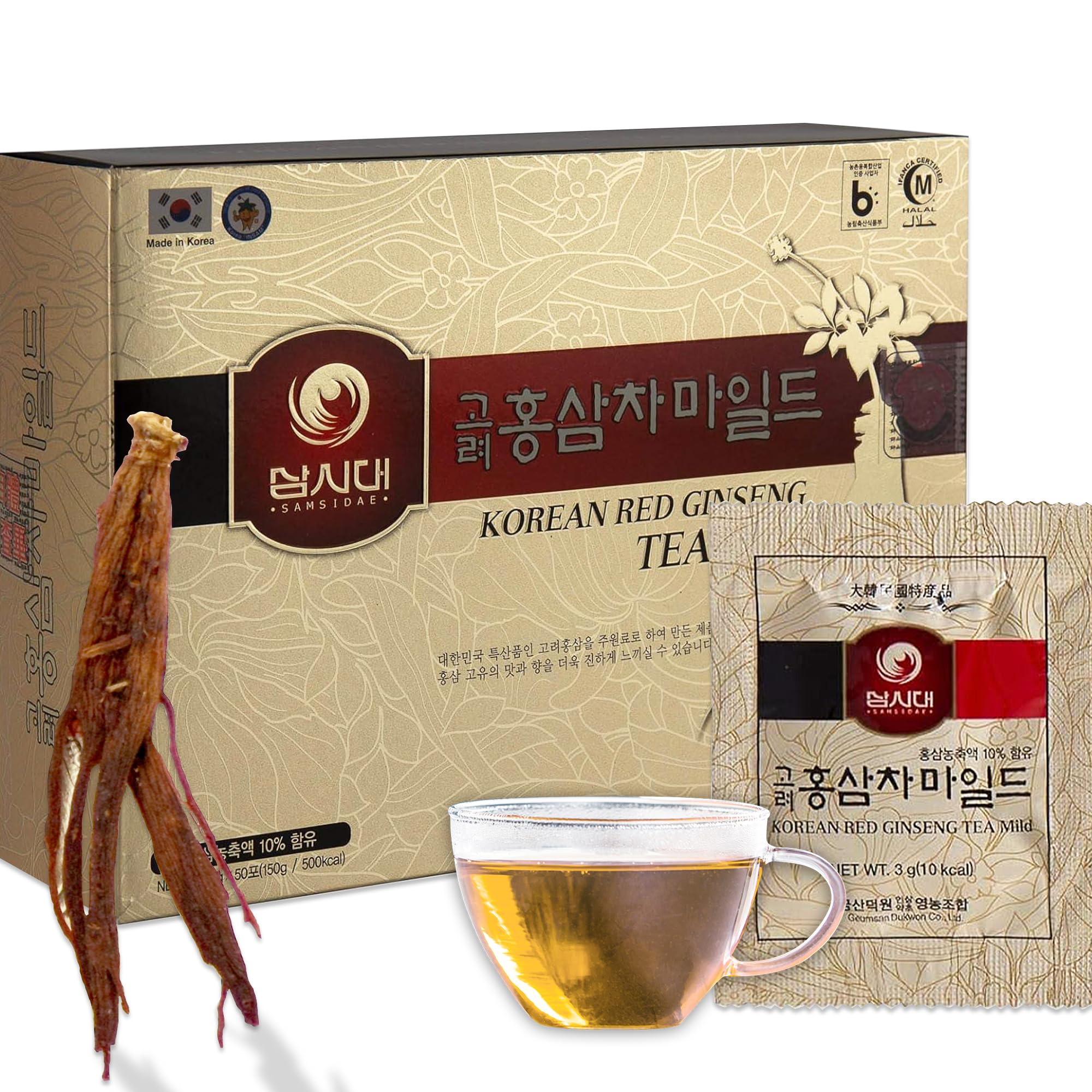 SAMSIDAE Korean Panax Red Ginseng Instant Tea box of 50 sachets for easy daily refreshment