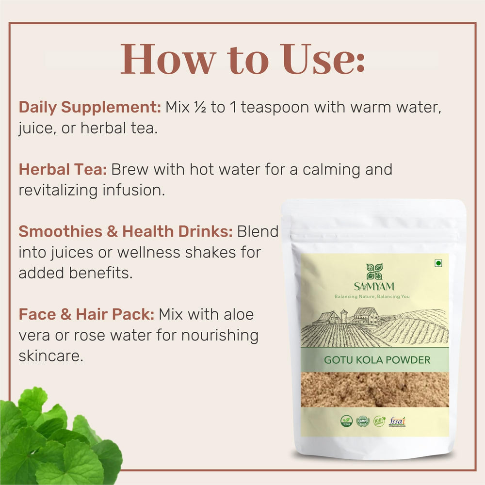 SAMYAM Gotu Kola powder dissolving in juice for skin-friendly routine.