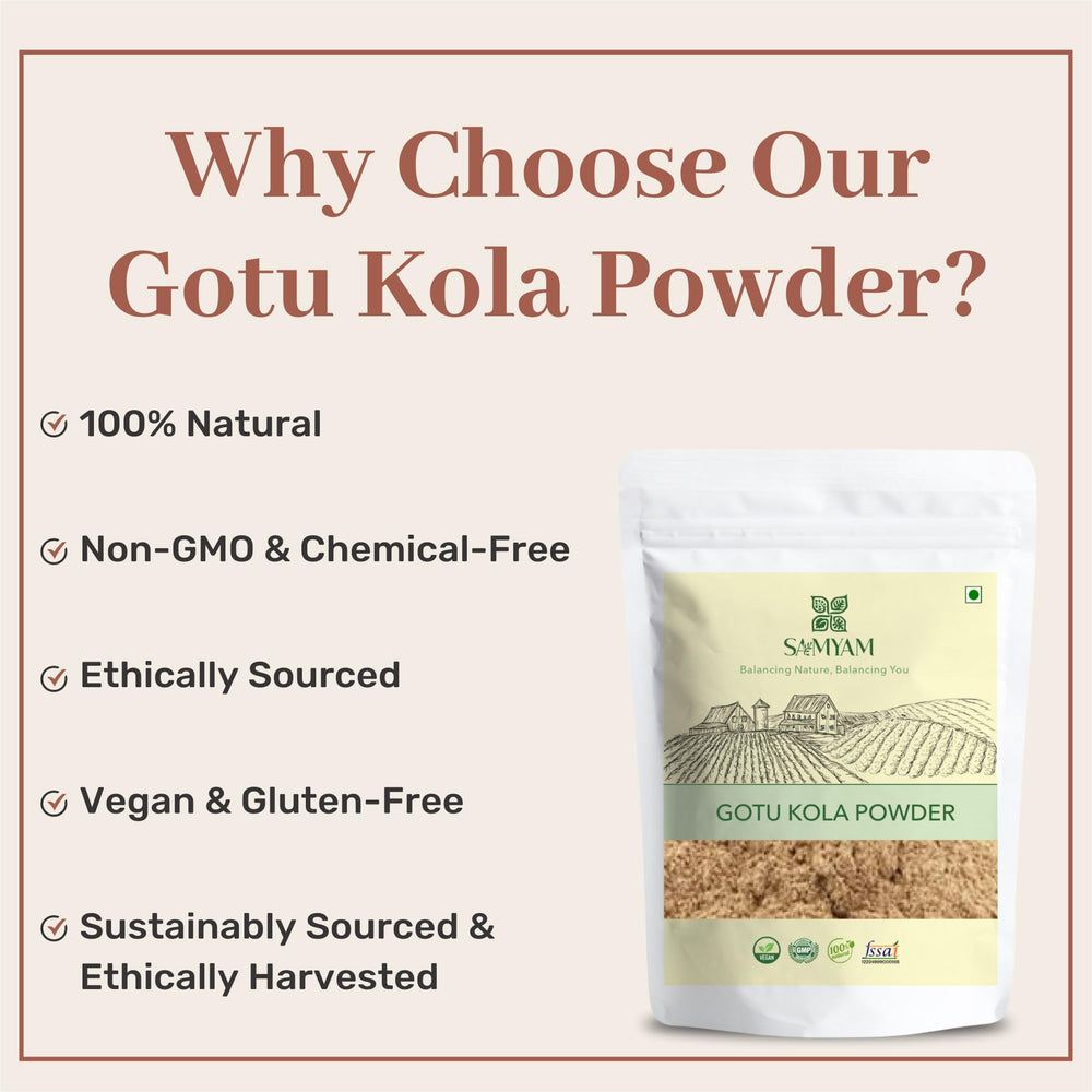SAMYAM Gotu Kola powder close-up, premium non-GMO vegan formula.