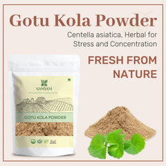 SAMYAM Gotu Kola powder poured into water for easy mixing.