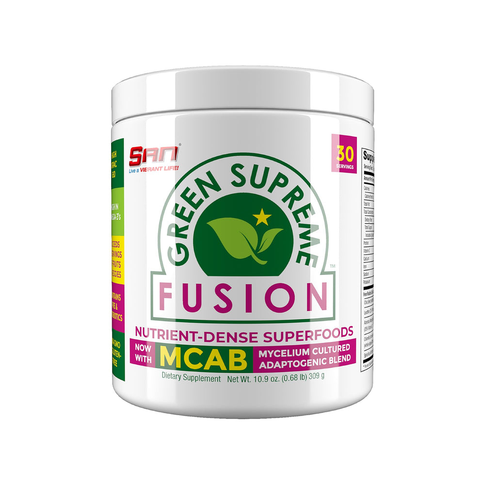 SAN Green Supreme Fusion bottle with vibrant smoothie for daily wellness