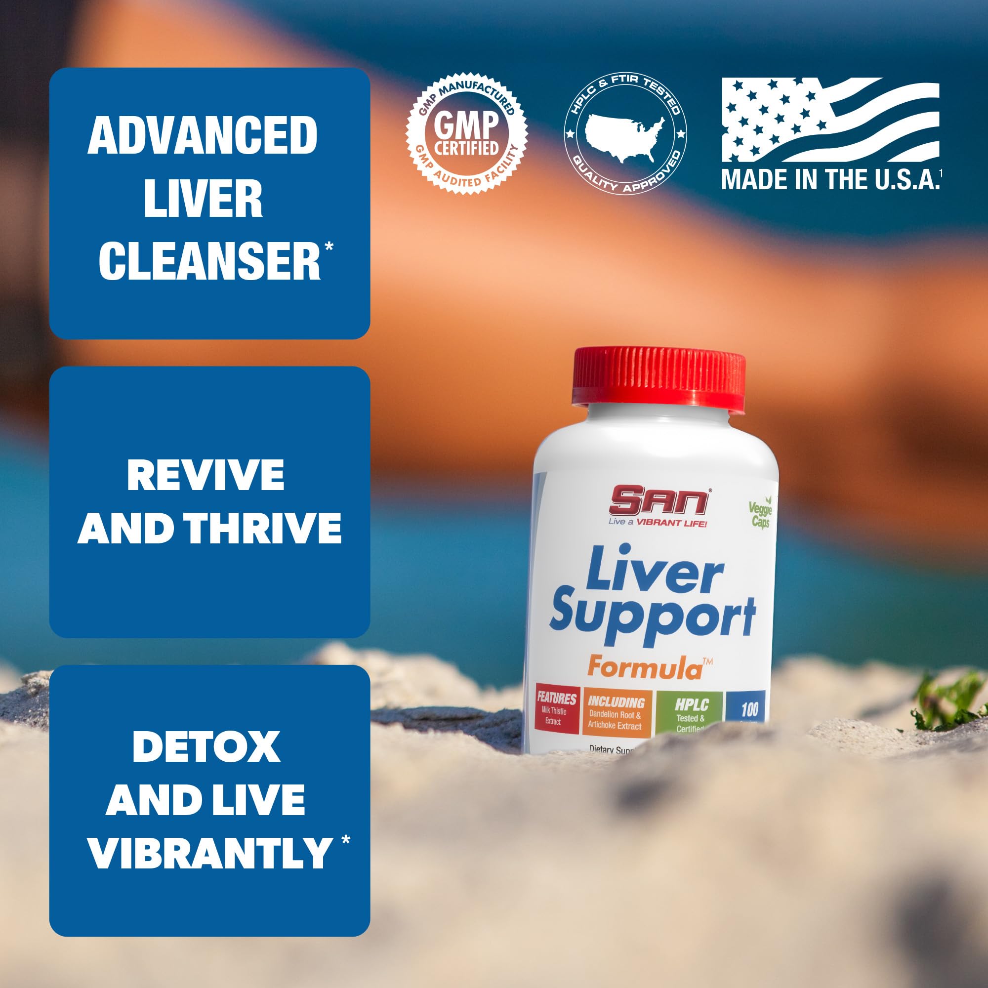 SAN Liver Support Matrix bottle back highlights ingredients like milk thistle for detox