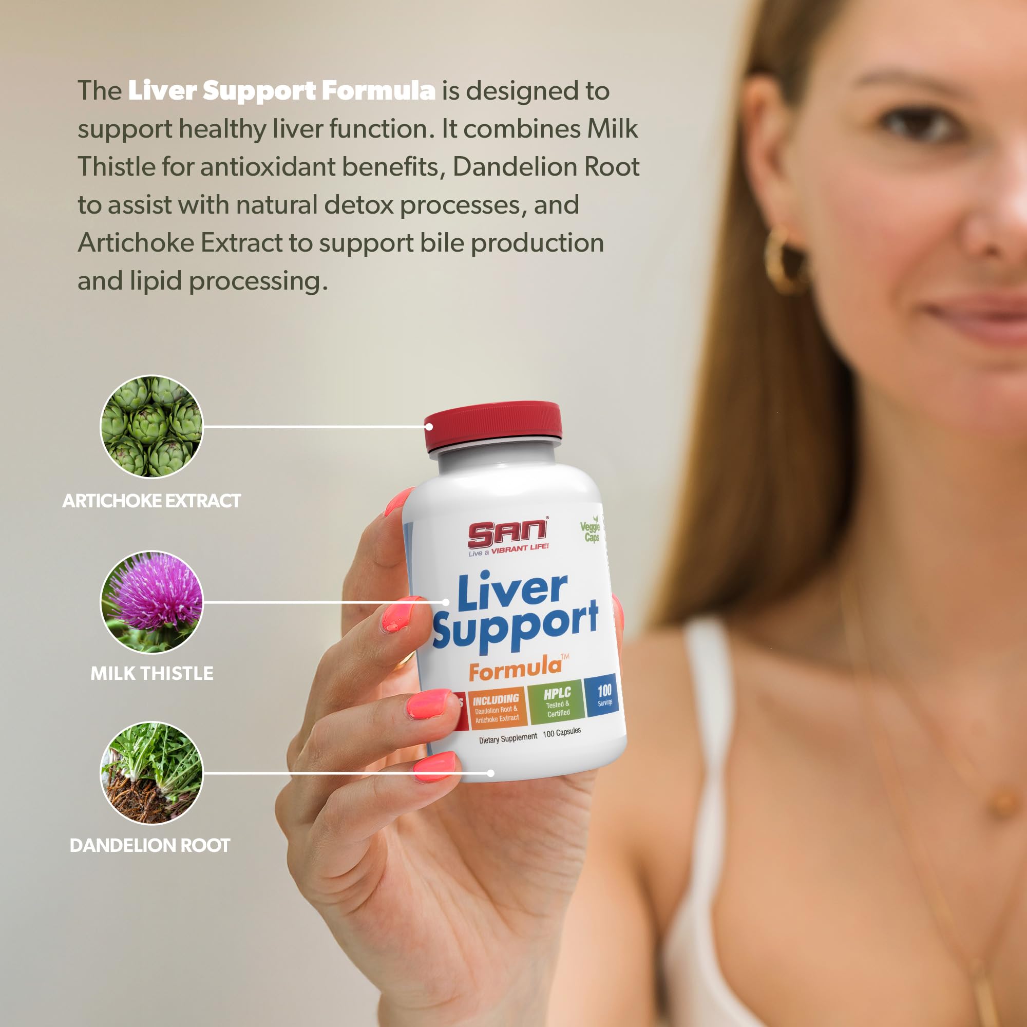 SAN Liver Support Matrix capsules beside glass of water after meals