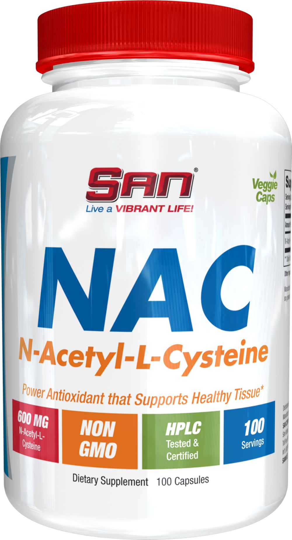 SAN NAC bottle with label highlighting 600 mg and antioxidant support.