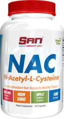 SAN NAC bottle with label highlighting 600 mg and antioxidant support.