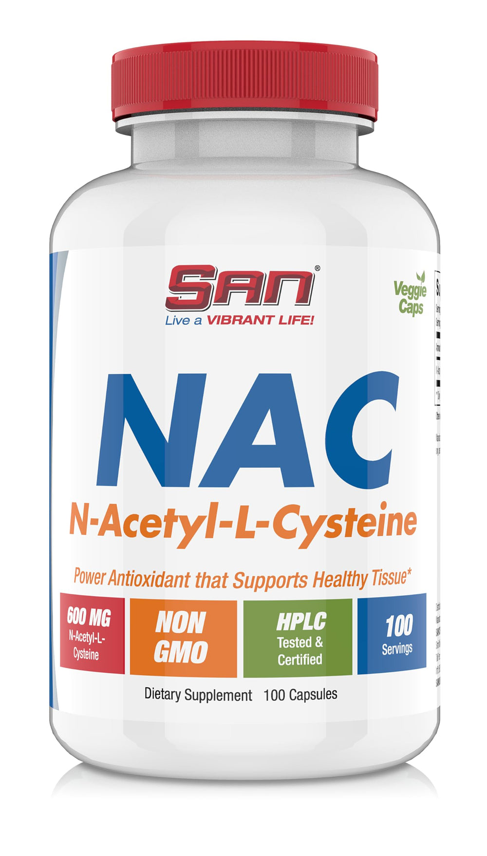 SAN NAC bottle pour showing capsules flowing out, suggesting easy daily use.