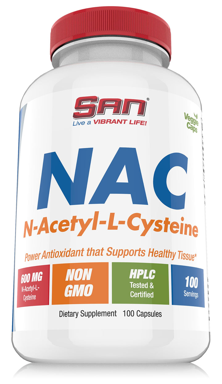 SAN NAC bottle with glass highlighting potential liver and antioxidant support.