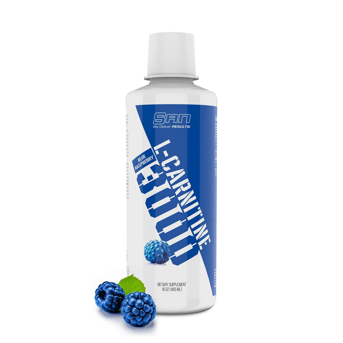SAN Nutrition L-Carnitine 3000 bottle front shows Blue Raspberry flavor and clean formula benefits