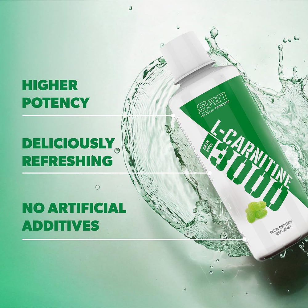 SAN L-Carnitine 3000 Green Apple bottle beside dosage markers for easy control.