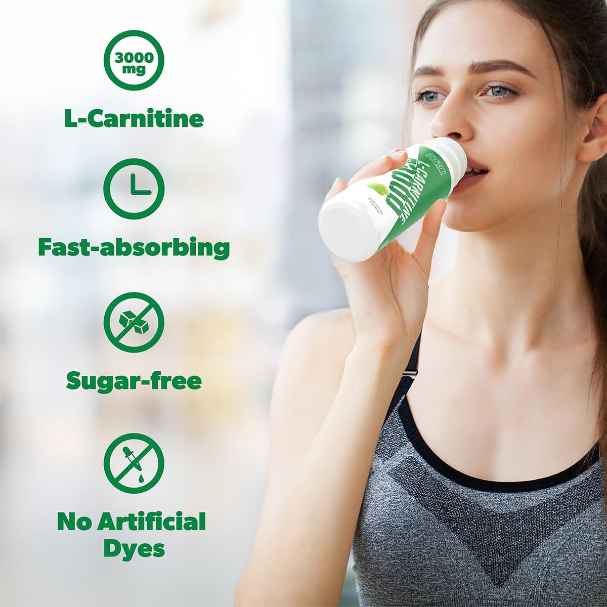 SAN L-Carnitine 3000 Green Apple packaging, no artificial dyes or fillers.