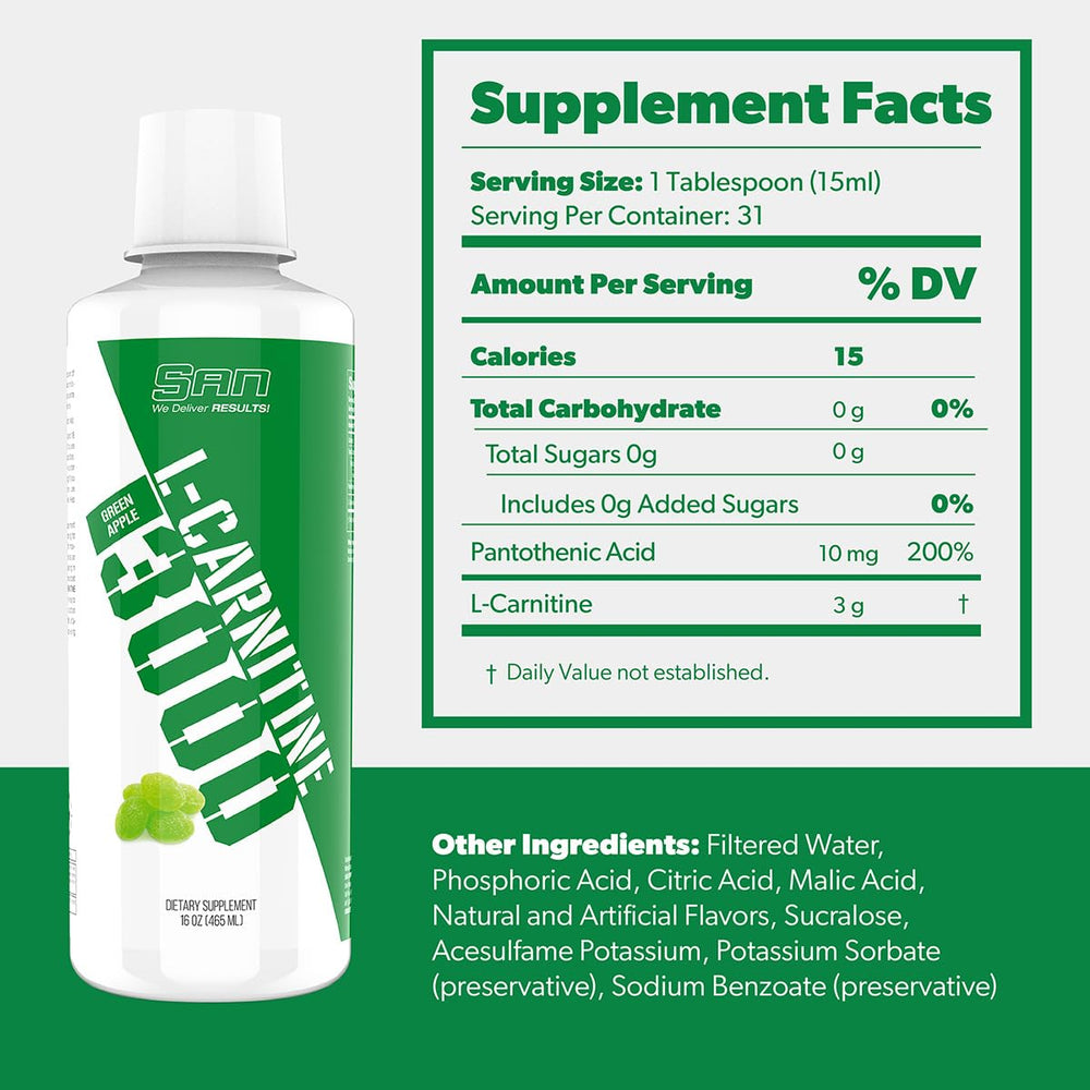 SAN L-Carnitine 3000 Green Apple pour action, easy serving for fast absorption.