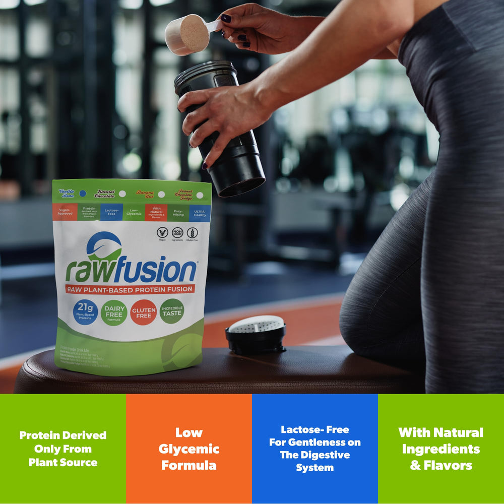 SAN Rawfusion Vanilla Bean nutrition label showcases low net carbs and plant-based protein