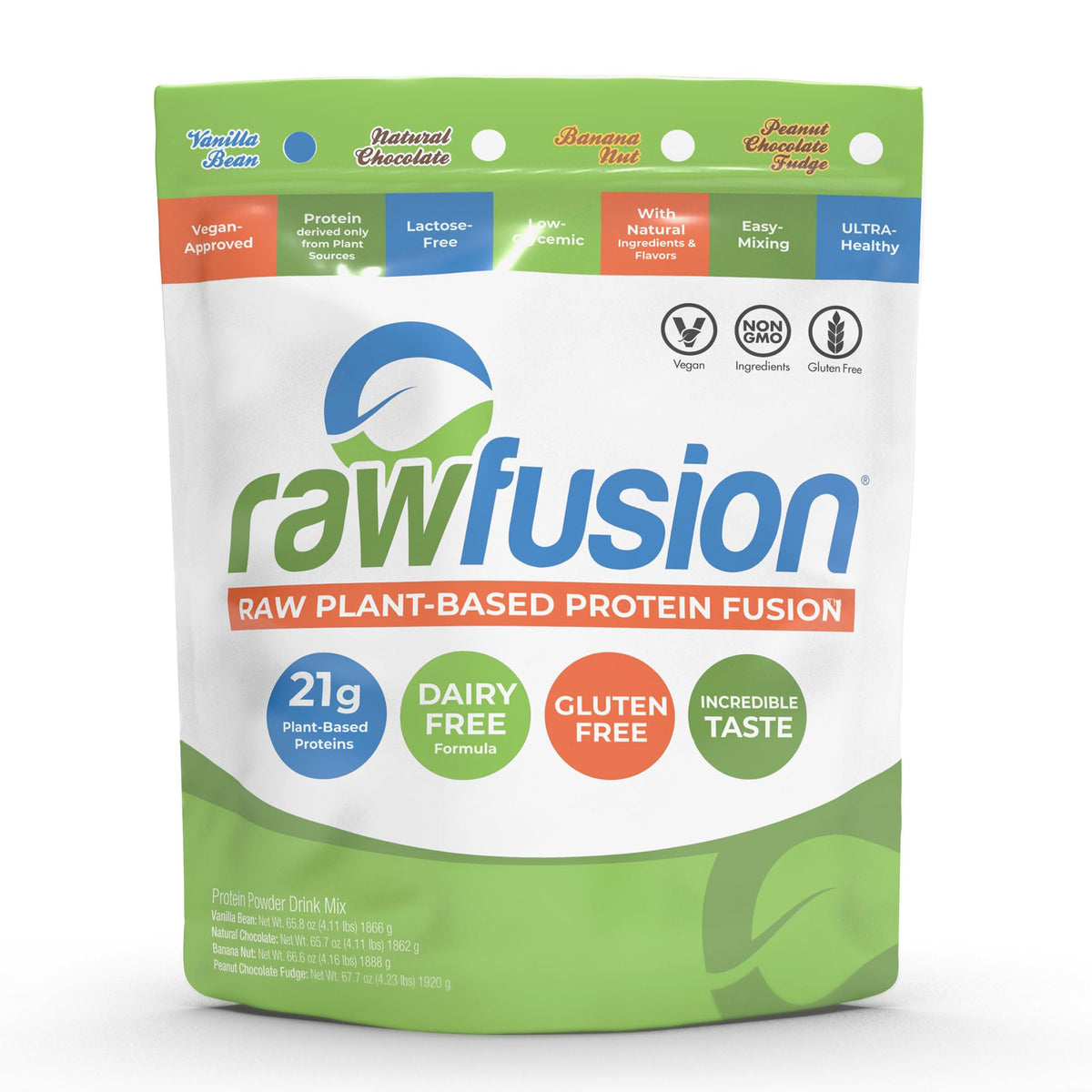 SAN Rawfusion Vanilla Bean powder front view showing resealable tub for clean nutrition