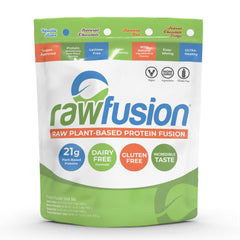 SAN Rawfusion Vanilla Bean powder front view showing resealable tub for clean nutrition