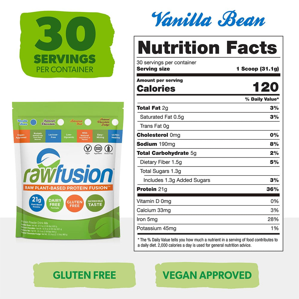 SAN Rawfusion Vanilla Bean shake in glass for a creamy plant protein boost.