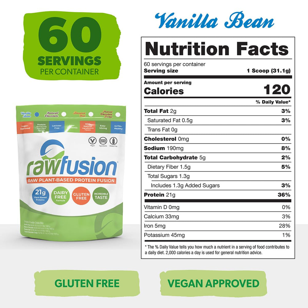 SAN Rawfusion Vanilla Bean scoop rests beside the jar, ideal for precise protein serving