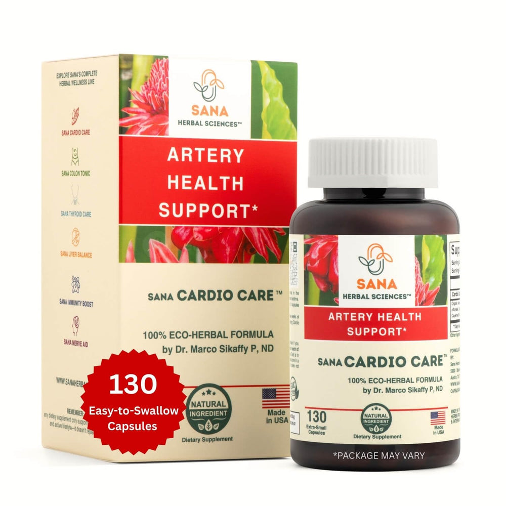 Sana Herbal Sciences artery plaque removal bottle for circulatory support.