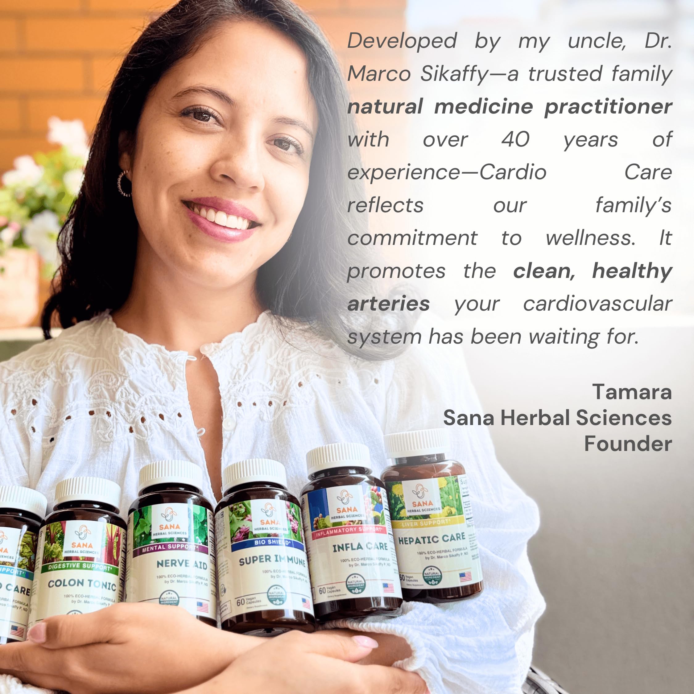Bottle and cap of the Sana Herbal Sciences product emphasizing natural heart health.
