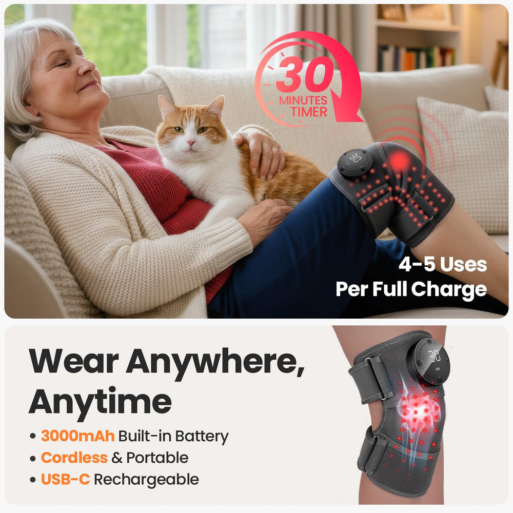 SanaTech red-light knee brace infrared heat action provides soothing warmth near joints.