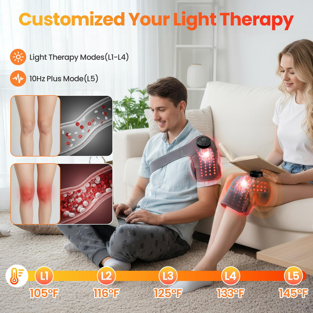 SanaTech red-light knee brace strap adjustment demonstrates a secure, customizable fit.