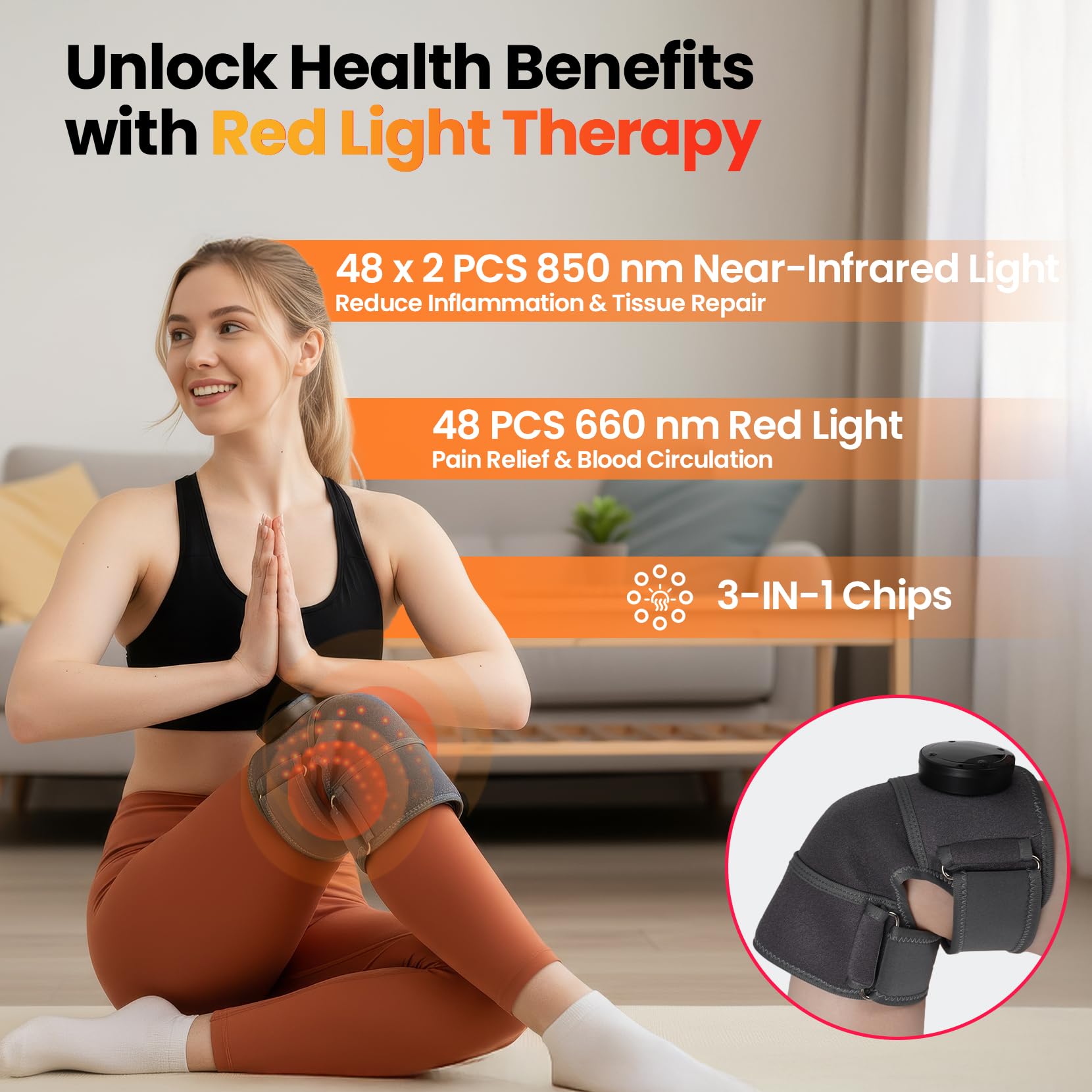 SanaTech red-light knee brace worn on leg highlights targeted joint support.