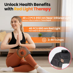 SanaTech red-light knee brace worn on leg highlights targeted joint support.