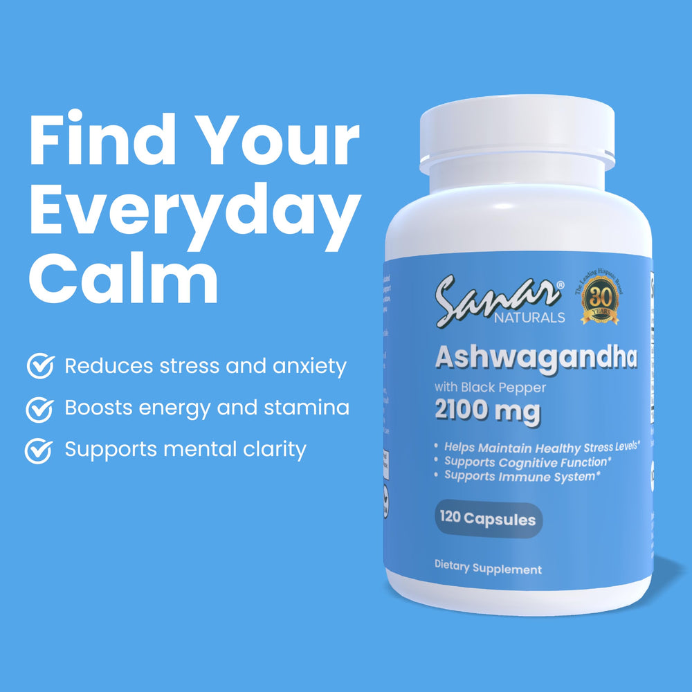 Sanar Naturals Ashwagandha bottle label highlights non-GMO and caffeine-free formula.