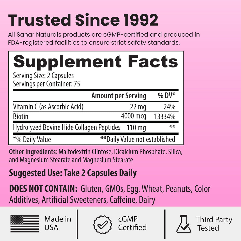 Sanar Naturals collagen pills with biotin on a shelf for routine use