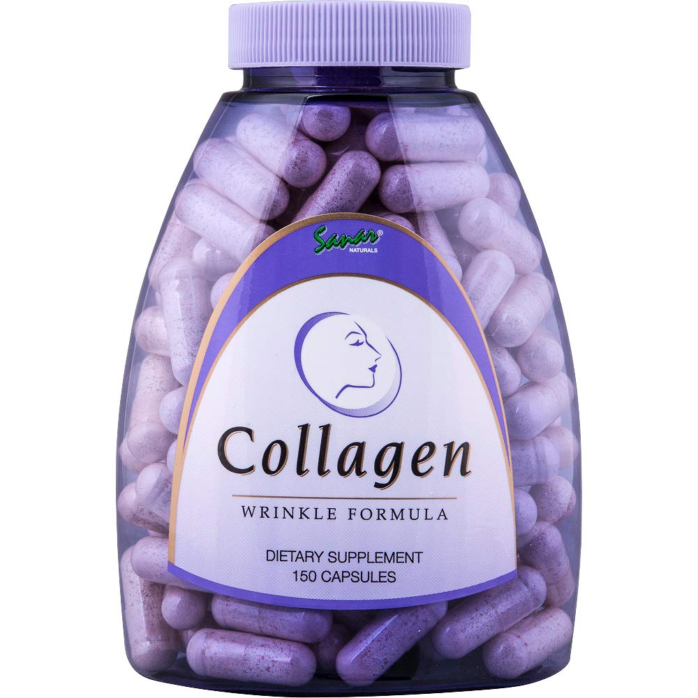 Sanar Naturals collagen bottle front with easy-to-swallow capsules for daily support.