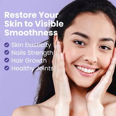 Close-up of collagen capsules highlighting hydrolyzed Type I & III formula.