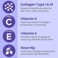Ingredient panel shows Vitamin C, Vitamin E, and rose hips for hydration.
