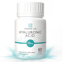 Sanare Lab Hyaluronic Acid 70 mg bottle front image highlighting joint support and hydration