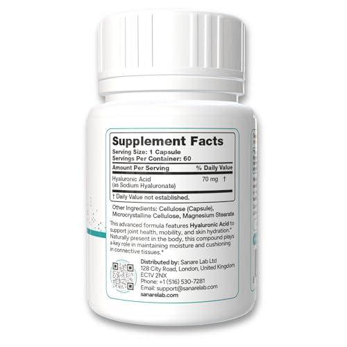 Sanare Lab Hyaluronic Acid 70 mg capsules closeup showing vegan, non-GMO formula