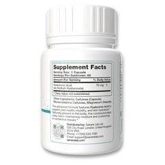 Sanare Lab Hyaluronic Acid 70 mg capsules closeup showing vegan, non-GMO formula