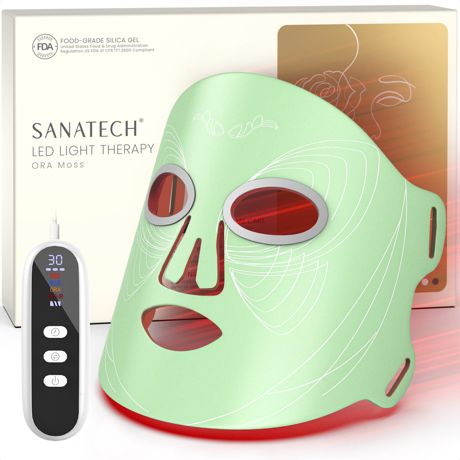 SanaTech LED light therapy mask close-up for full-face treatment sessions.