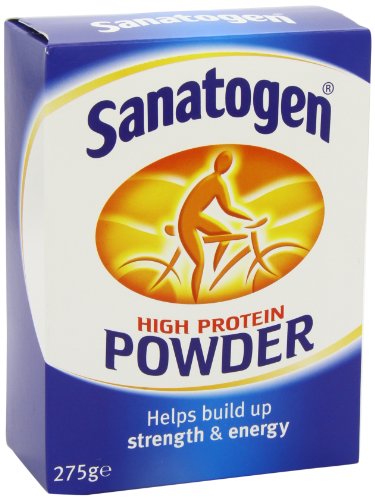 Sanatogen high protein powder packaging on shelf emphasizes compact, portable design