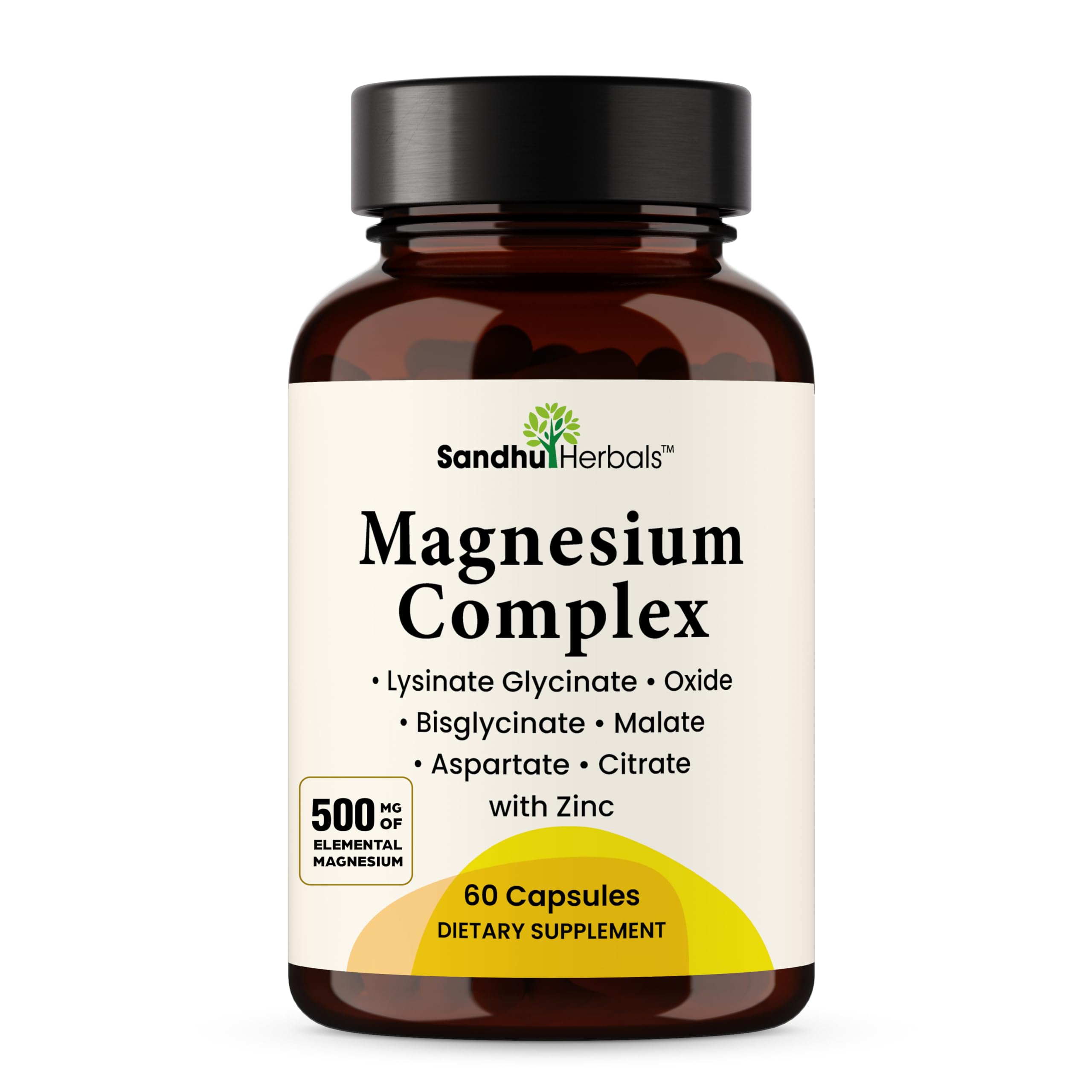 Sandhuherbals Complete Magnesium bottle front shows easy-to-swallow capsules for daily support.