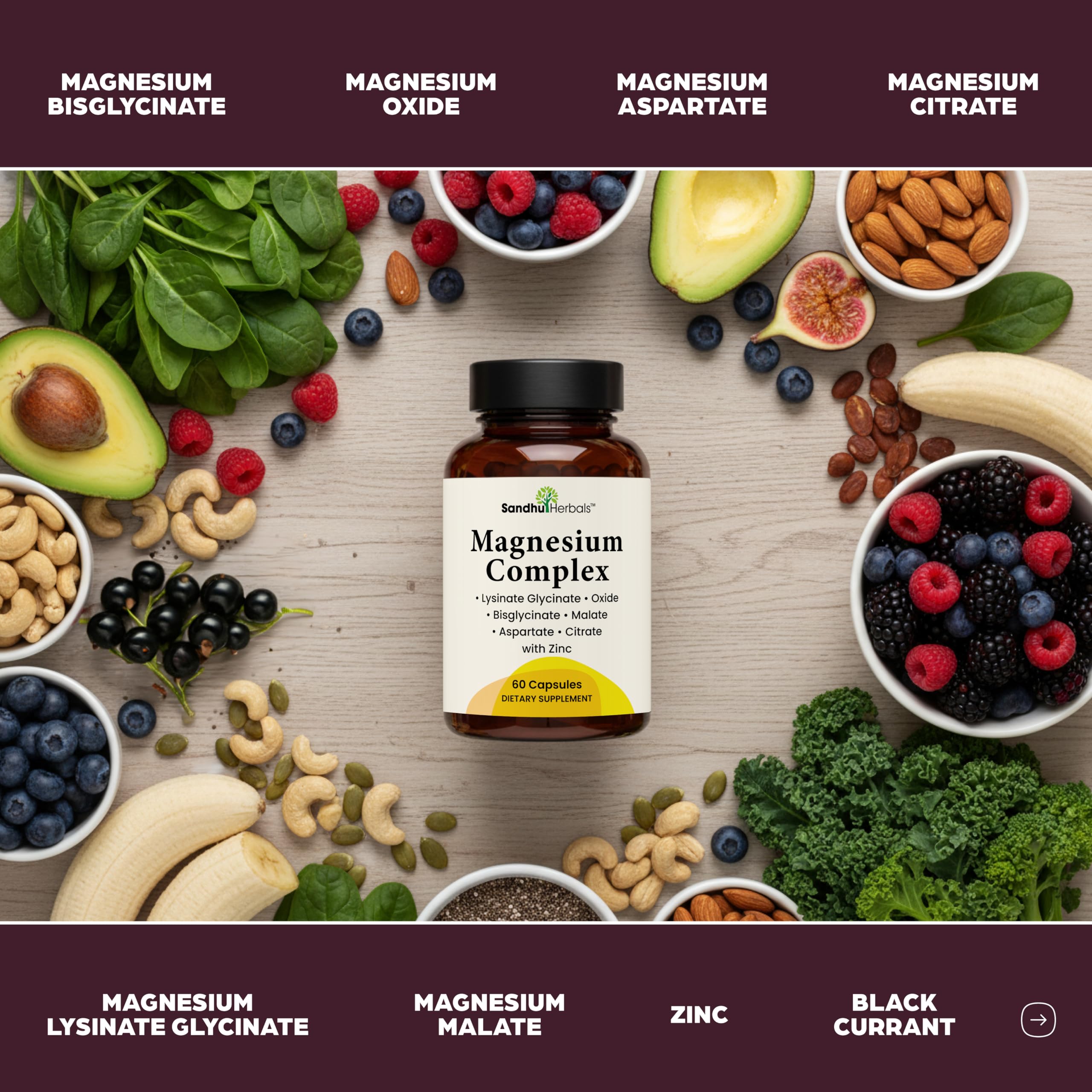 Sandhuherbals Complete Magnesium packaging highlights NSF and GMP compliance.