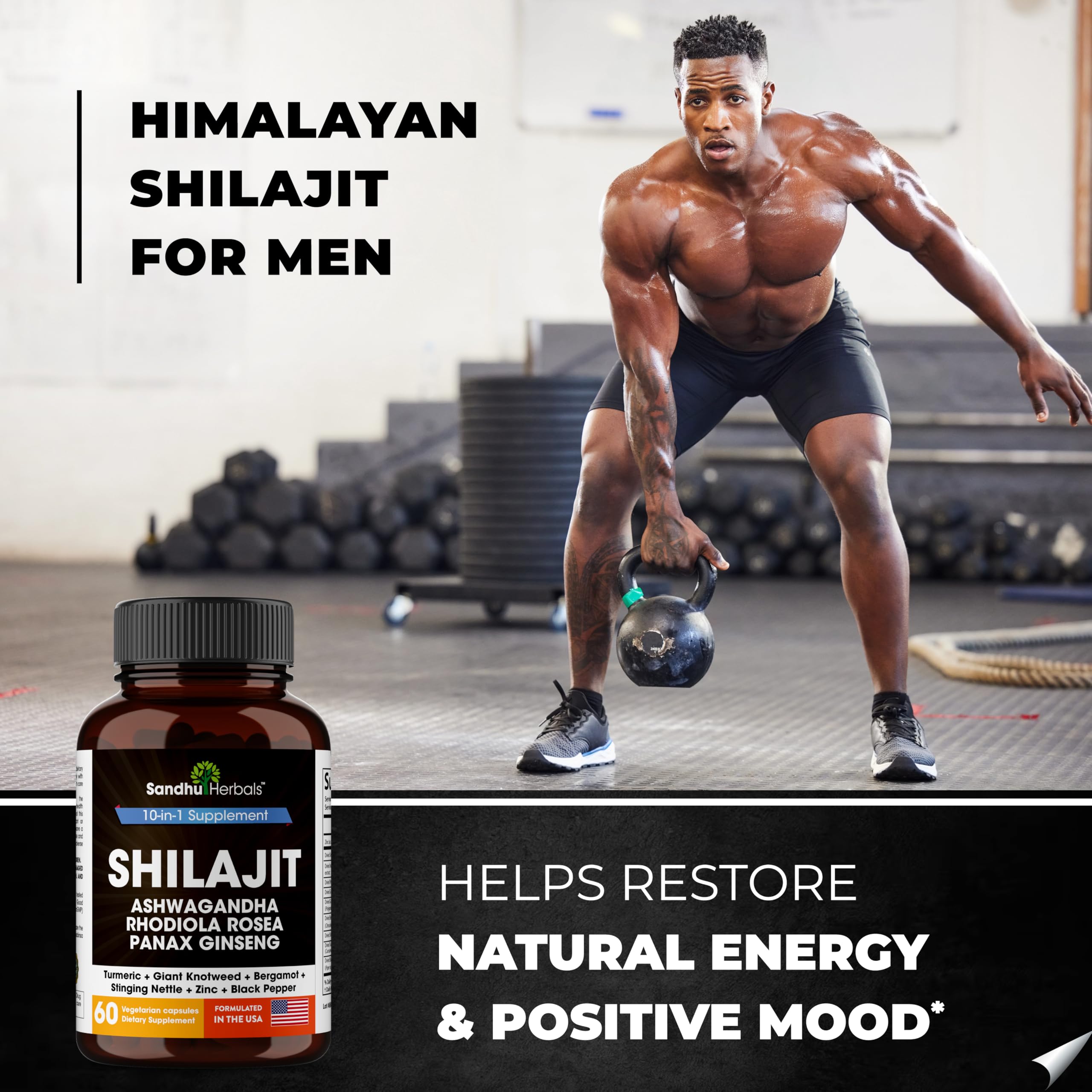 SANDHUHERBALS Himalayan Shilajit ingredients graphic showing natural minerals and vitality